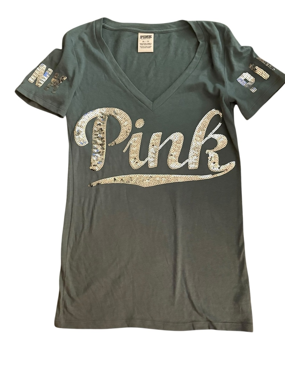 PINK Victoria's Secret Sequin Logo V-Neck Tee in an off green color